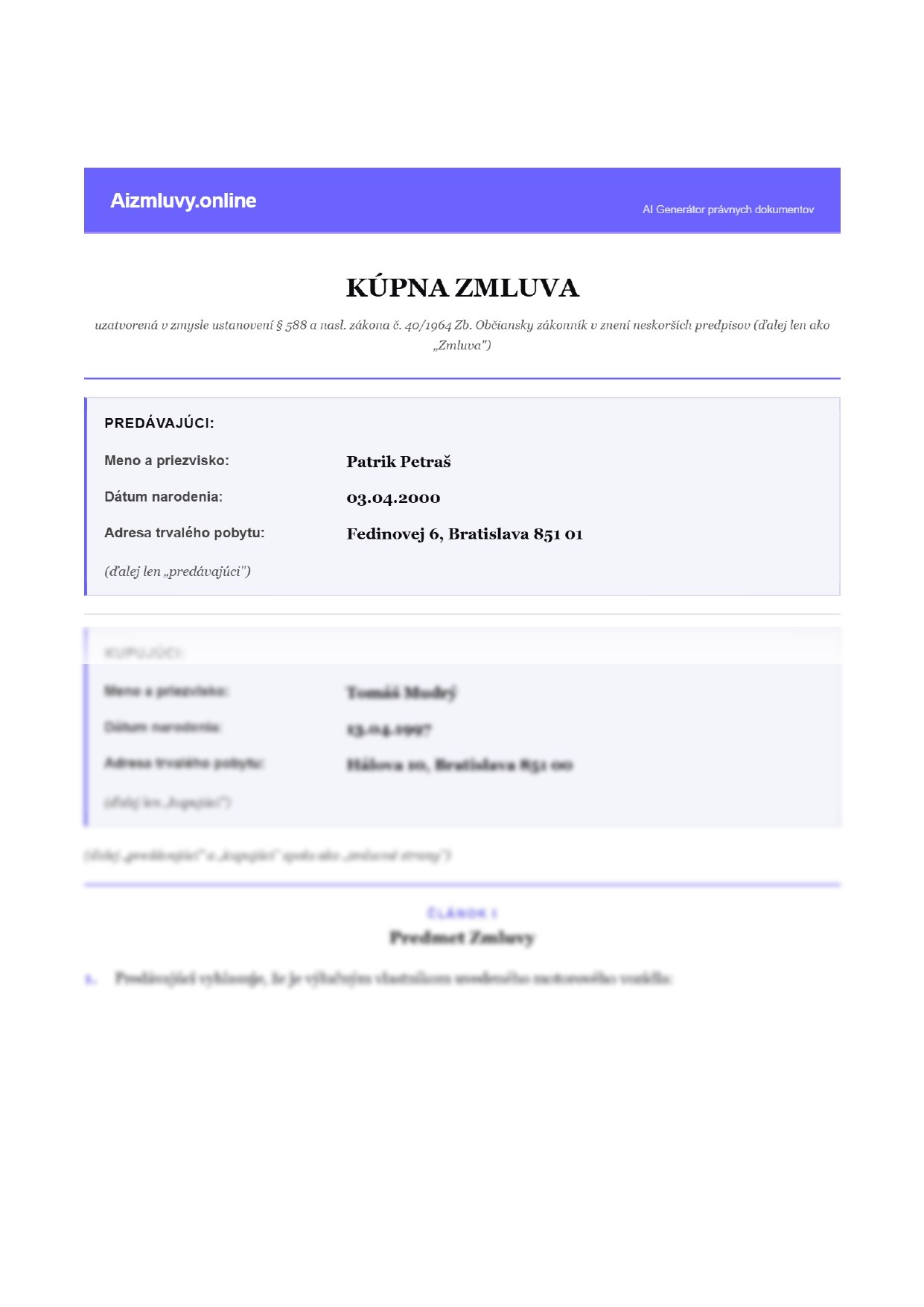 Kúpna zmluva – strana 1
